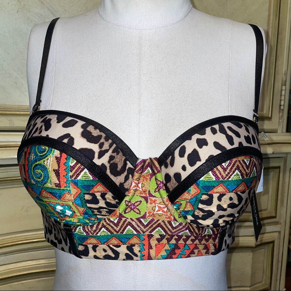 Kenneth Cole Leopard Boho Back Cutout Bustier Bathing Suit Bikini Top NEW NWT